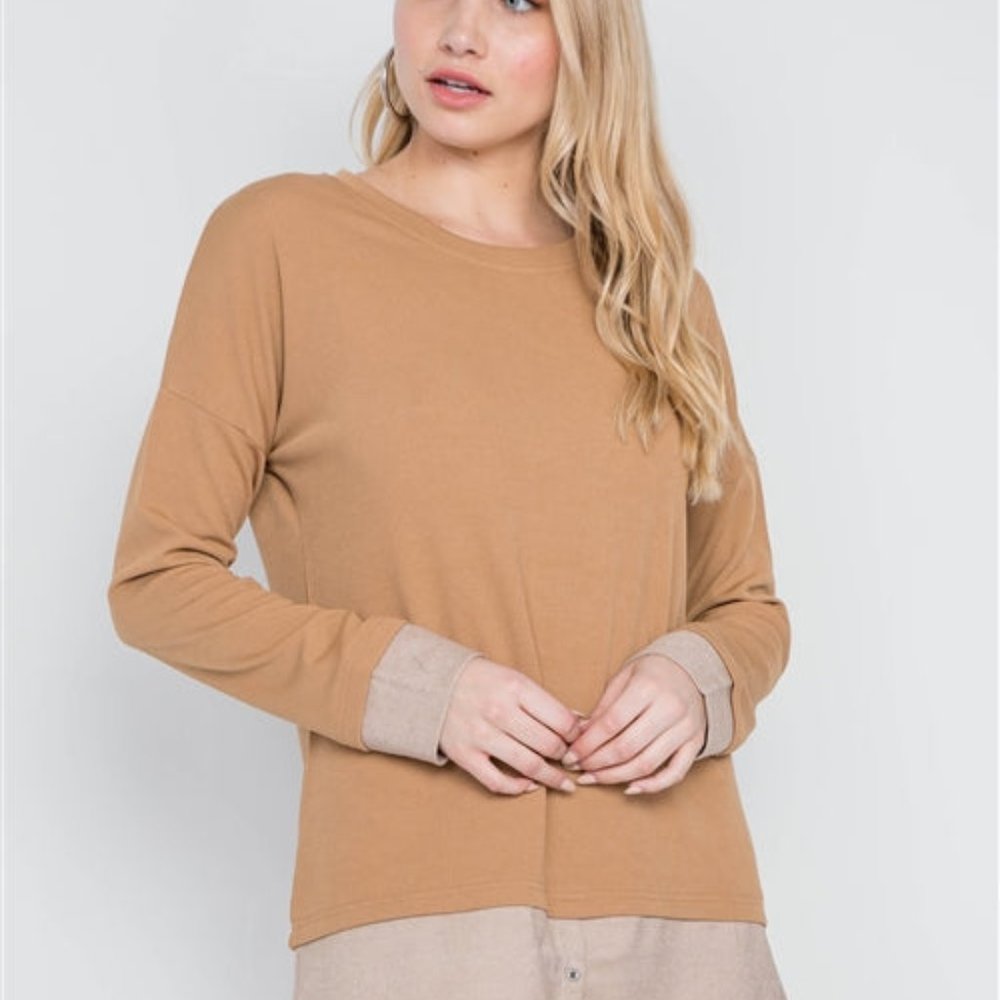 Women's Taupe Crew Neck Casual Stylish Knit Combo Long Sleeve Sweater Dress NWT